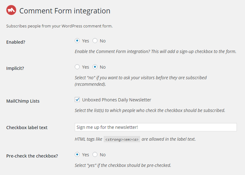 screenshot showing how to add a newsletter signup option in comment section in WordPress using MailChimp plugin