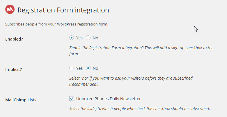 screenshot showing how to add a newsletter signup option in registration form in WordPress using MailChimp plugin