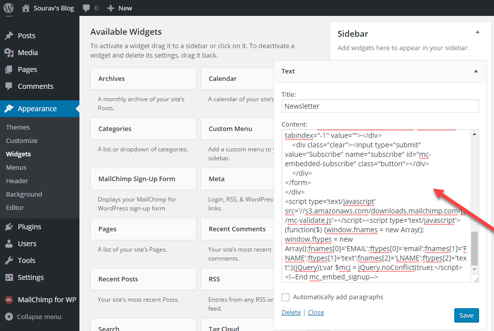screenshot showing the widget configuration for adding a MailChimp signup form
