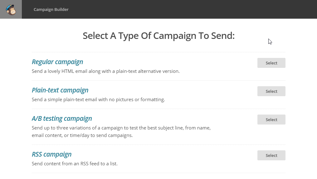 screenshot depicting how to create a new newsletter campaign in MailChimp. step 2. selecting the campaign type.