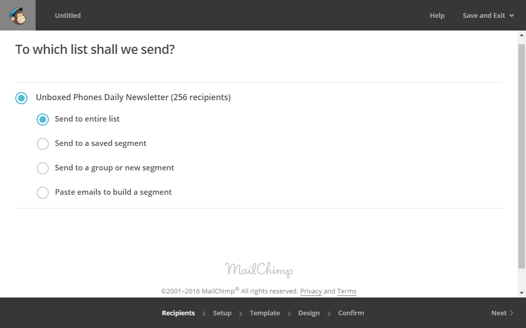 screenshot depicting how to create a new newsletter campaign in MailChimp. step 3. choosing the entire or part of the email list