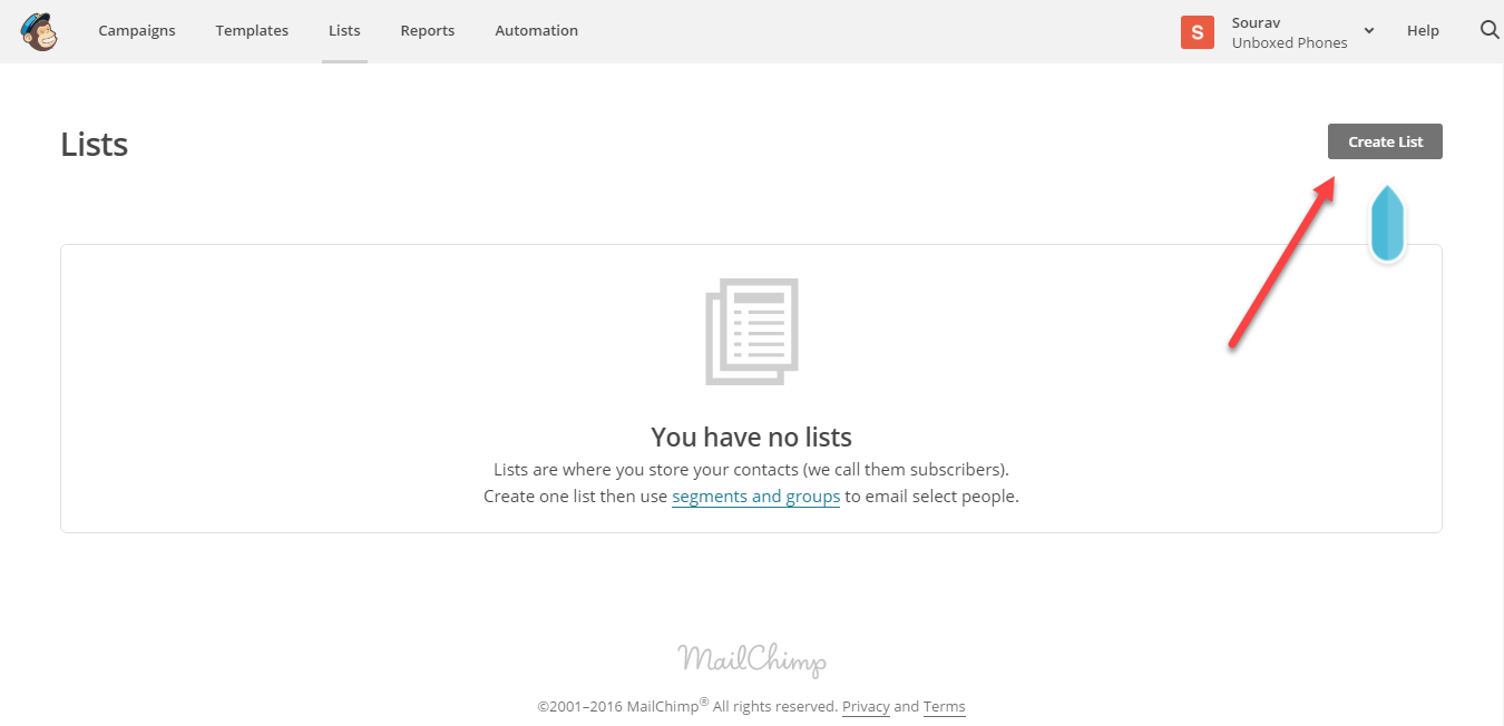 Screenshot depicting how to create new list in MailChimp. Step 2 -- Select "create list"