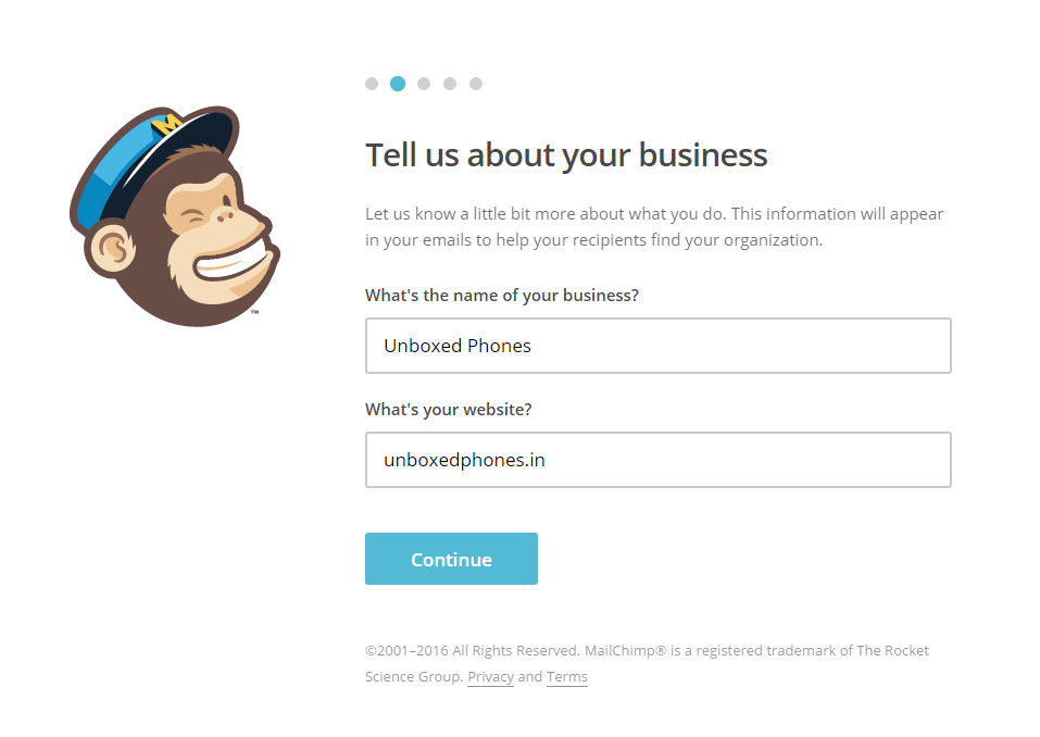 Screenshot depicting step 2 of 5 in configuring a new MailChimp account -- step 2 -- Adding your Business Details