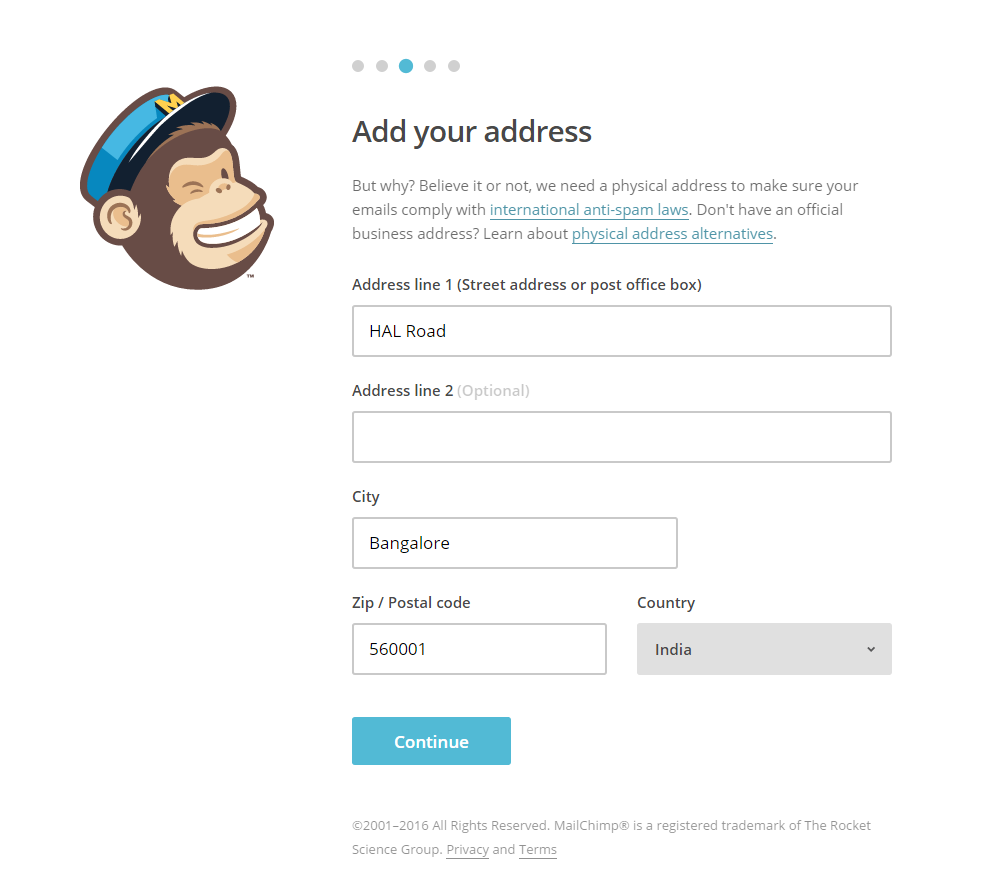 Screenshot depicting step 3 of 5 in configuring a new MailChimp account -- step 3 -- Adding your Physical Mailing Address