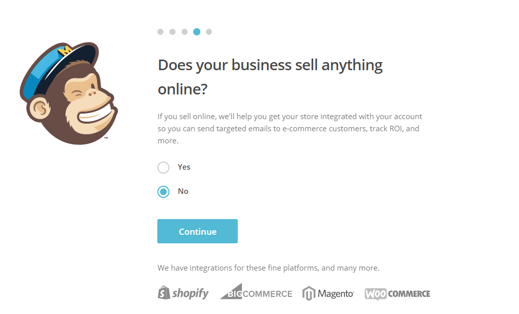 Screenshot depicting step 4 of 5 in configuring a new MailChimp account -- step 4 -- Declaring if you sell products or services online