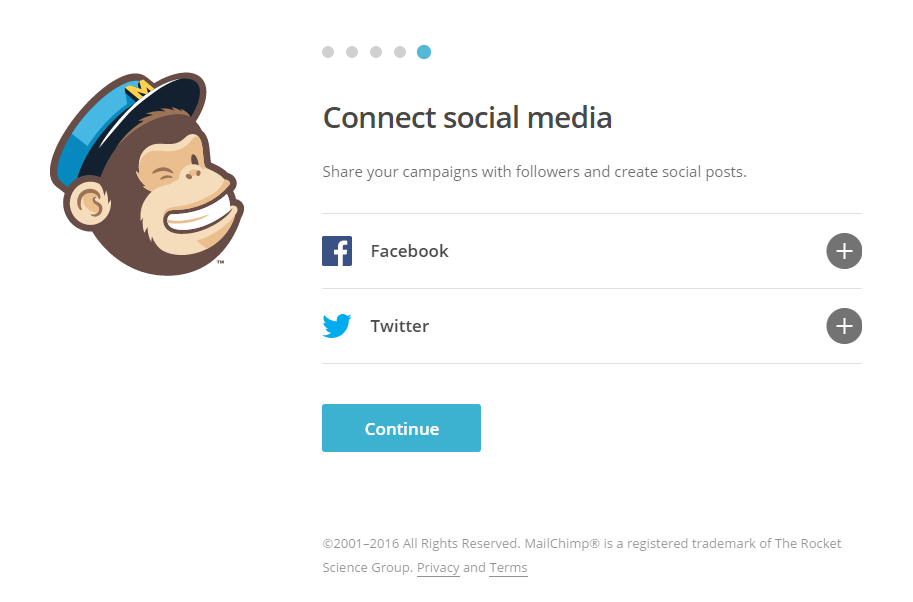 Screenshot depicting optional step 5 of 5 in configuring a new MailChimp account -- step 5 -- Connecting your Facebook and Twitter pages