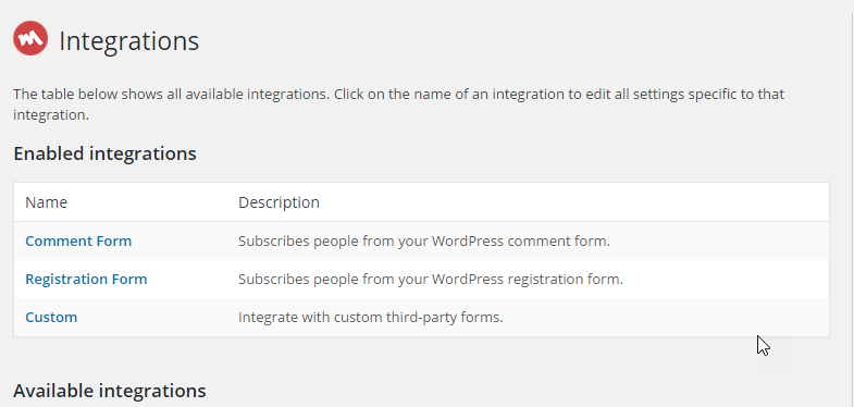 screenshot listing the integration featured in the MailChimp for WordPress plugin