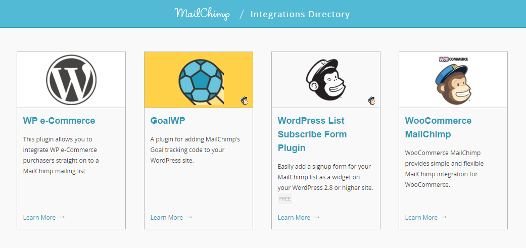 screenshot listing the MailChimp integrations for wordpress