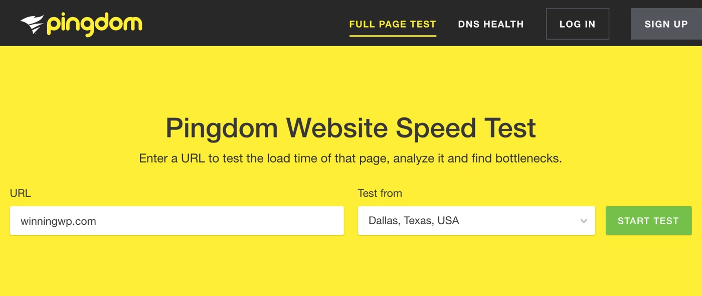 Main screen for Pingdom Tools showing a test for winningwp.com ready to start.