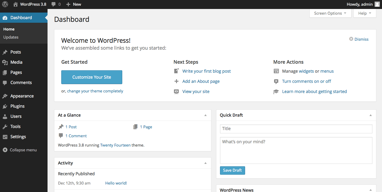 WordPress 3.8 dashboard area screenshot