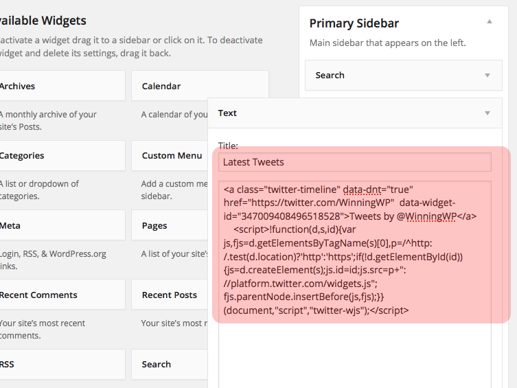 Adding the Twitter widget code to a WordPress text widget