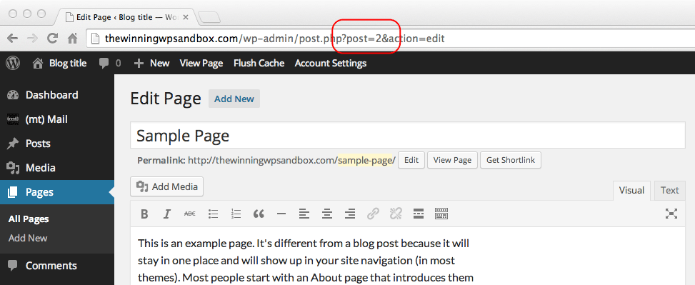 Screenshot showing WordPress Page ID in URL