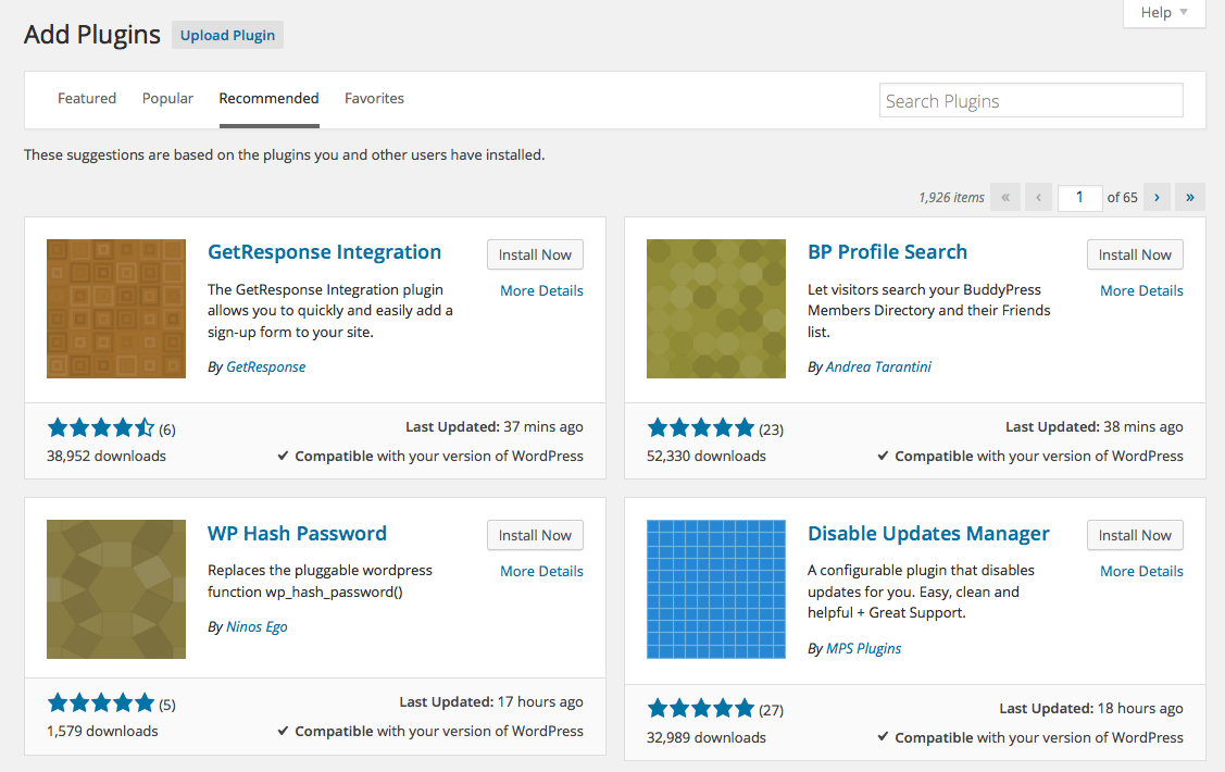 Recommended Plugins Screenshot