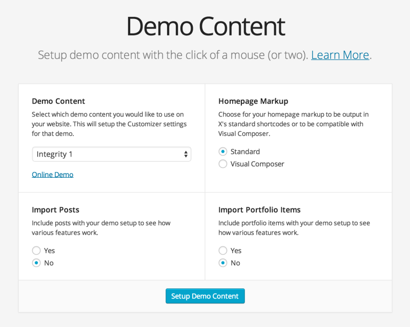 Find the X Theme Demo Content in your WordPress Dashboard