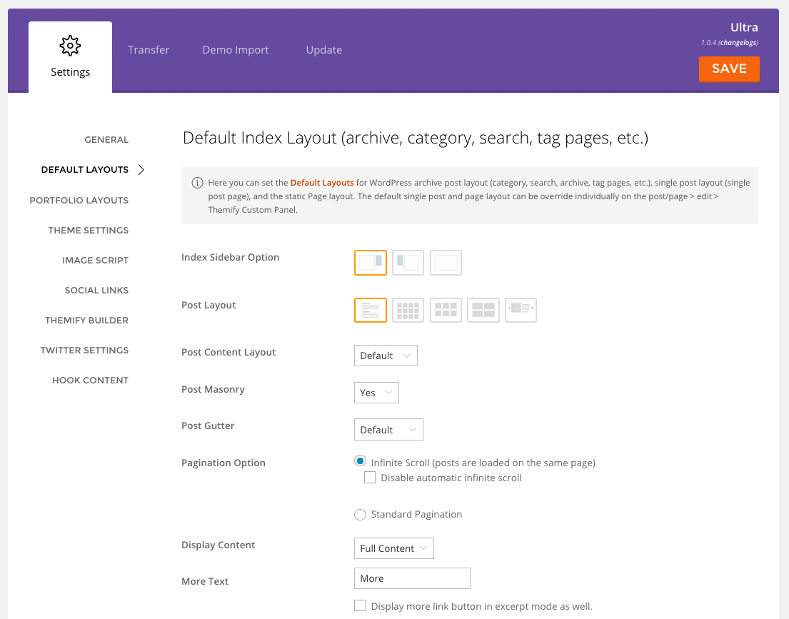 Default Layouts Settings