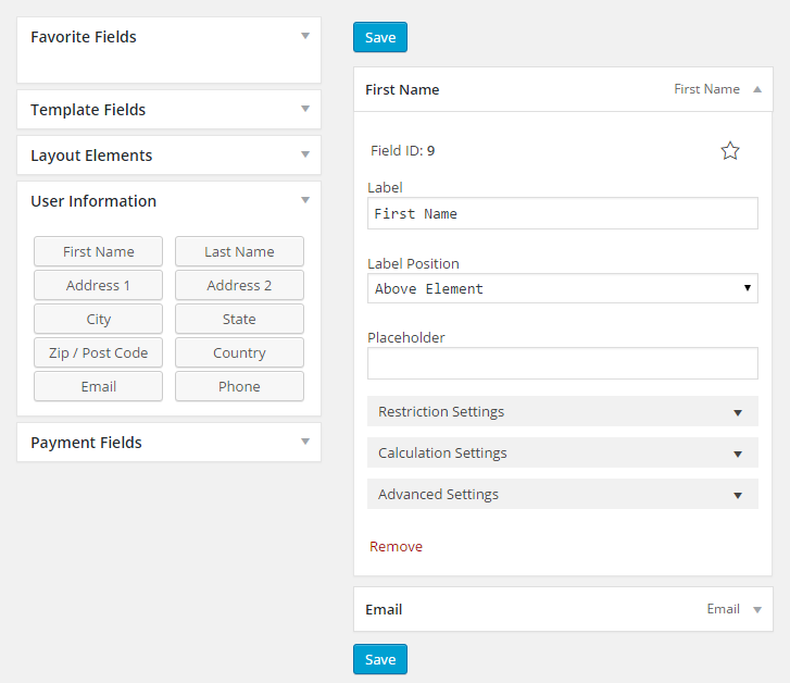 Ninja Forms Field Customisation Options