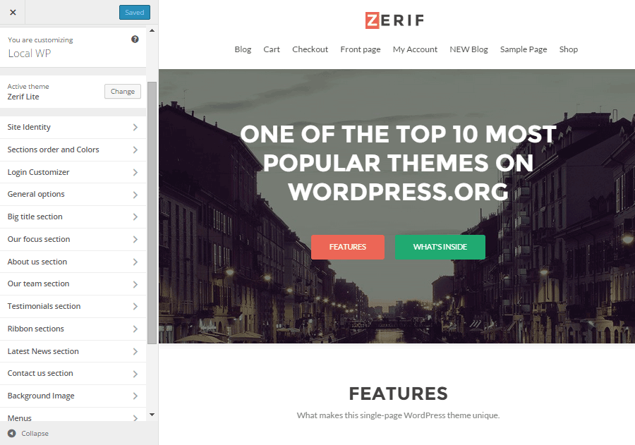 Zerif Lite Theme Review Customizer