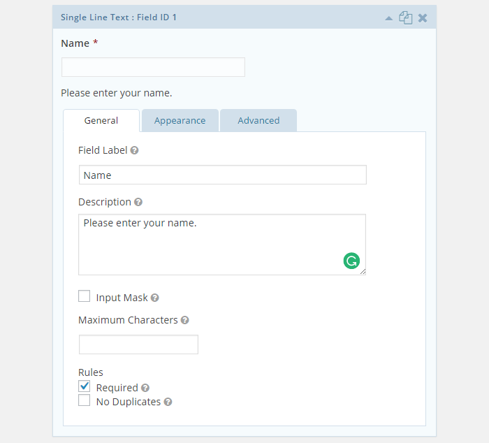 Gravity Forms Review Edit Field General