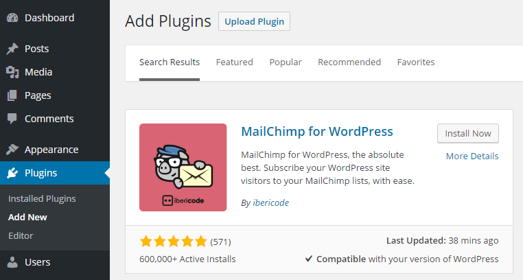 screenshot showing how to install MailChimp for WordPress plugin -- step 1. searching for the plugin in wordpress
