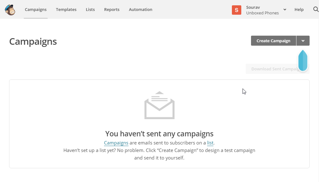 screenshot depicting how to create a new newsletter campaign in MailChimp. step 1. locating the option.