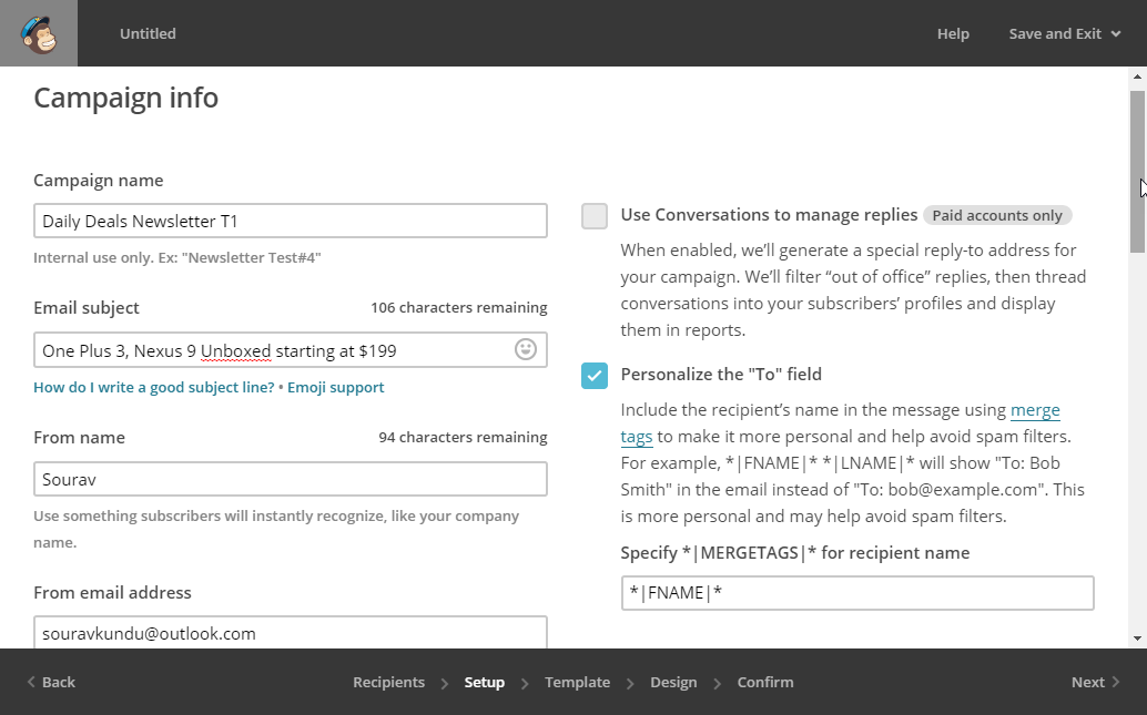 screenshot depicting how to create a new newsletter campaign in MailChimp. step 4. configuring the campaign information.
