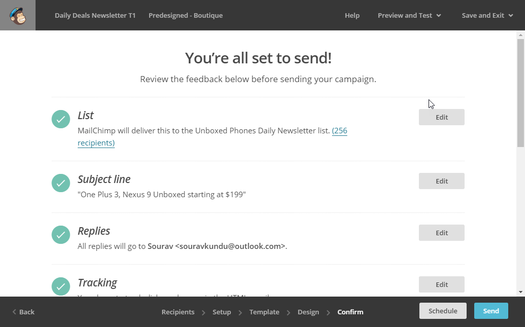 screenshot depicting how to create a new newsletter campaign in MailChimp. step 7. reviewing the campaign settings before sending.