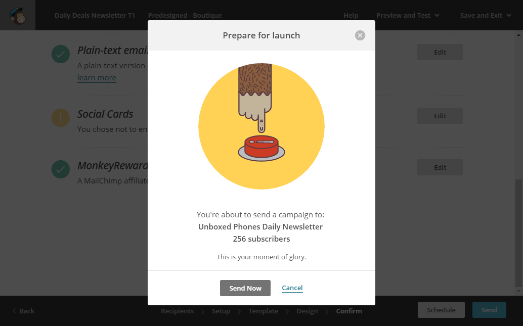 screenshot depicting how to create a new newsletter campaign in MailChimp. step 8. sending the campaign.