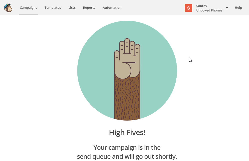 screenshot depicting how to create a new newsletter campaign in MailChimp. step 9. campaign sent notification.