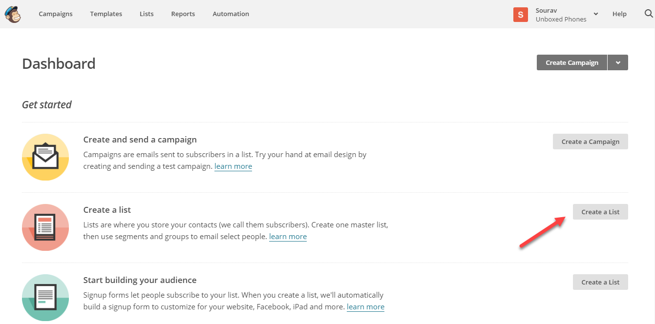 Screenshot depicting how to create new list in MailChimp. Step 1 -- Locate the option