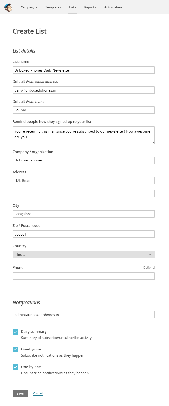 Screenshot depicting how to create new list in MailChimp. Step 3 -- configuring list details