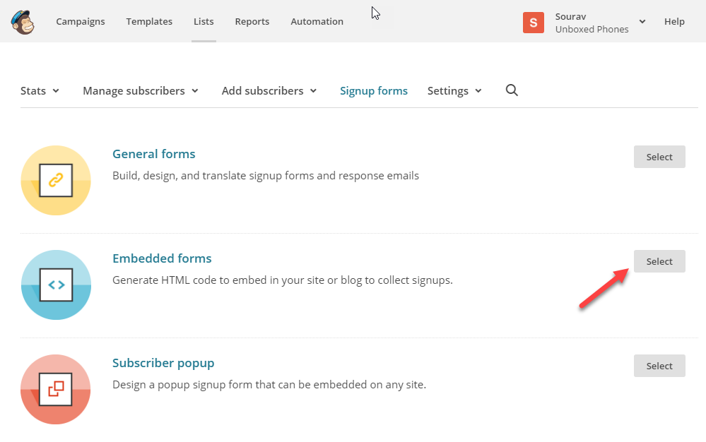 screenshot depicting how to create a signup form for an email list in MailChimp -- step 1 -- selecting the correct option