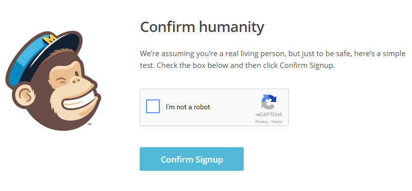 screenshot depicting the captcha verification process during MailChimp signup
