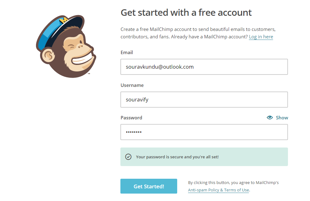 screenshot depicting how to configure new MailChimp account -- step 2 -- entering email details
