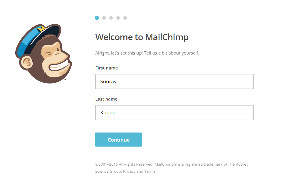 screenshot depicting step 1 of 5 in configuring a new MailChimp account -- step 1 -- adding your name