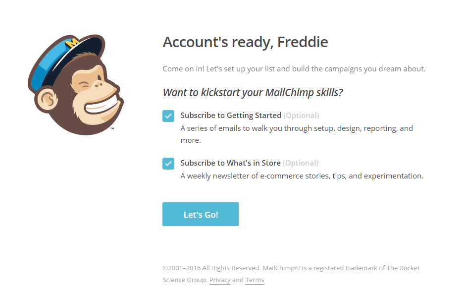 Screenshot depicting optional step of subscribing to MailChimp tips