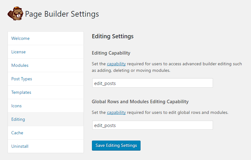 Beaver Builder role manager and user capabilities settings