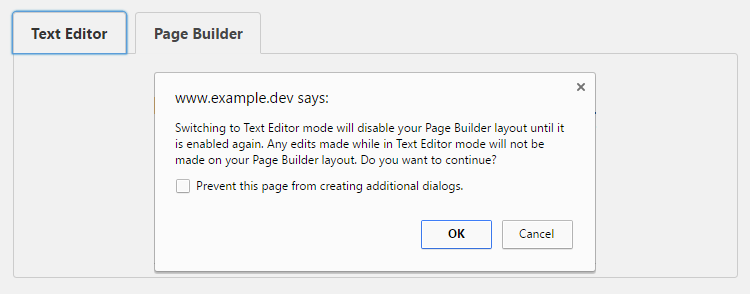 Warning message displayed when trying to switch back to text editor after using Beaver Builder