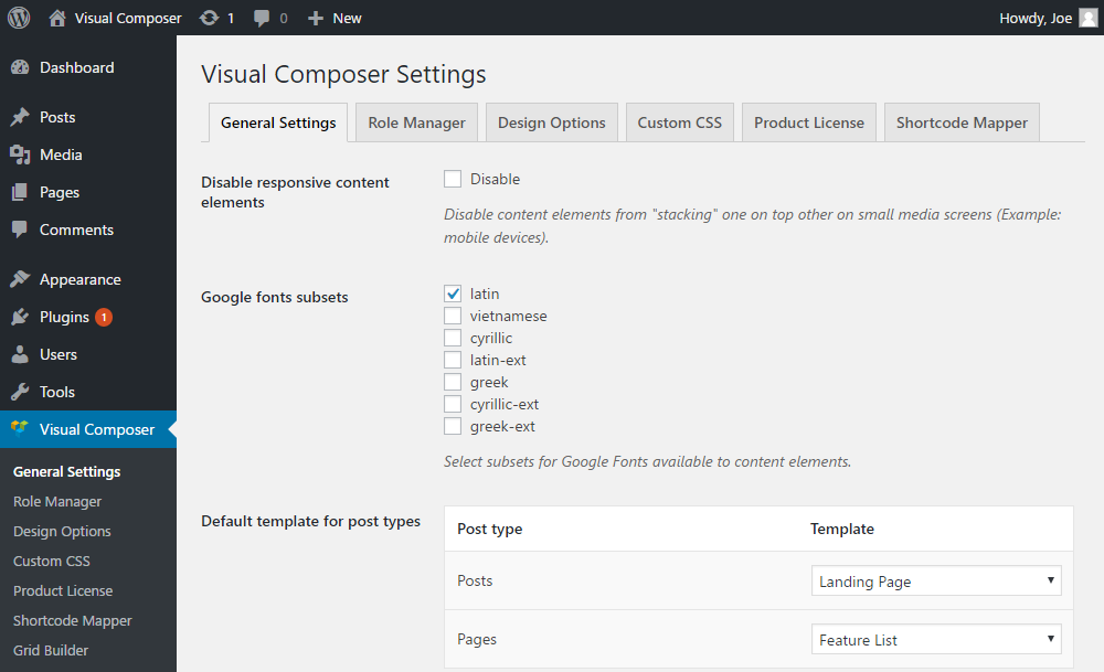Settings page for Visual Composer
