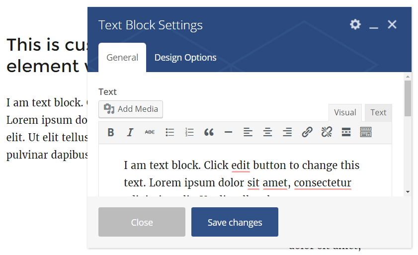 Image demonstrating how to edit text through the Visual Composer front-end user interface