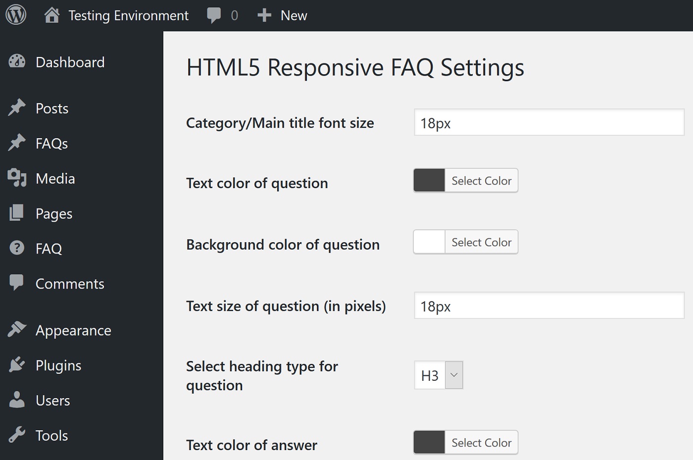 A screenshot of HTML5 Responsive FAQ's configuration screen
