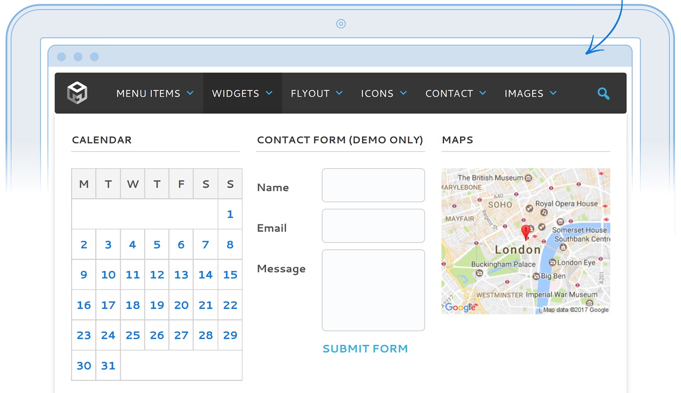 A screenshot of a Max Mega Menu with calendar, contact form, and map.