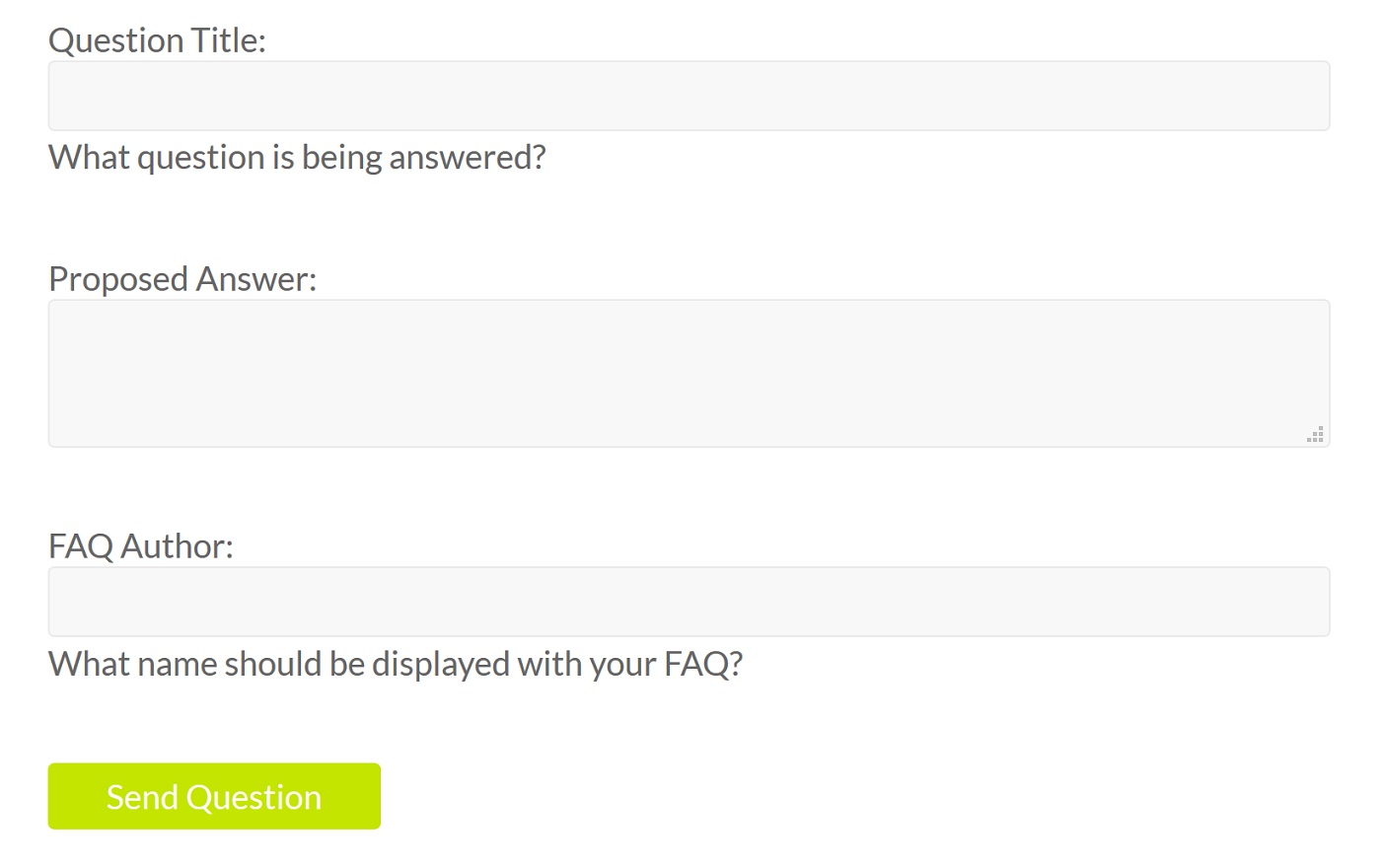 A screenshot of the form visitors use to submit questions
