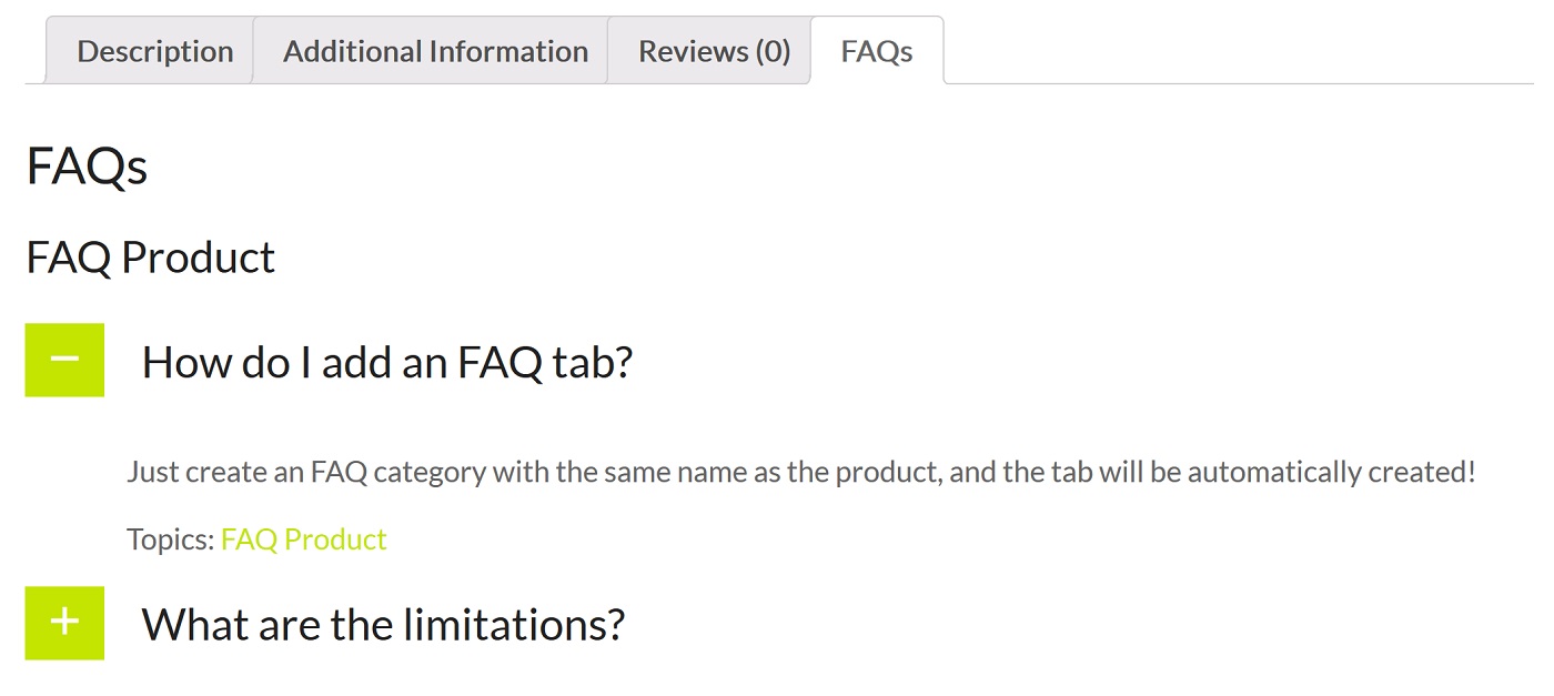A screenshot demonstrating WooCommerce and Ultimate FAQ integration