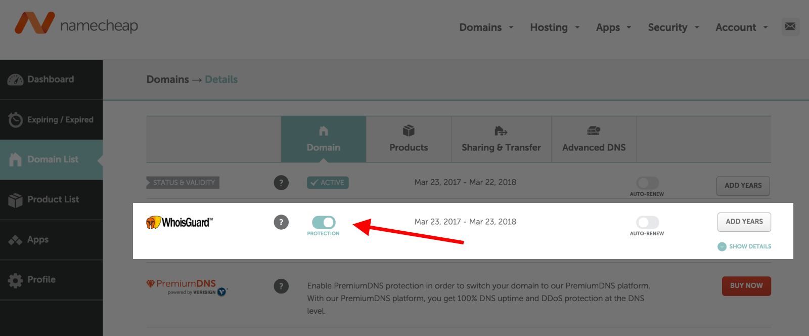 Ochrona ID domeny Namecheap