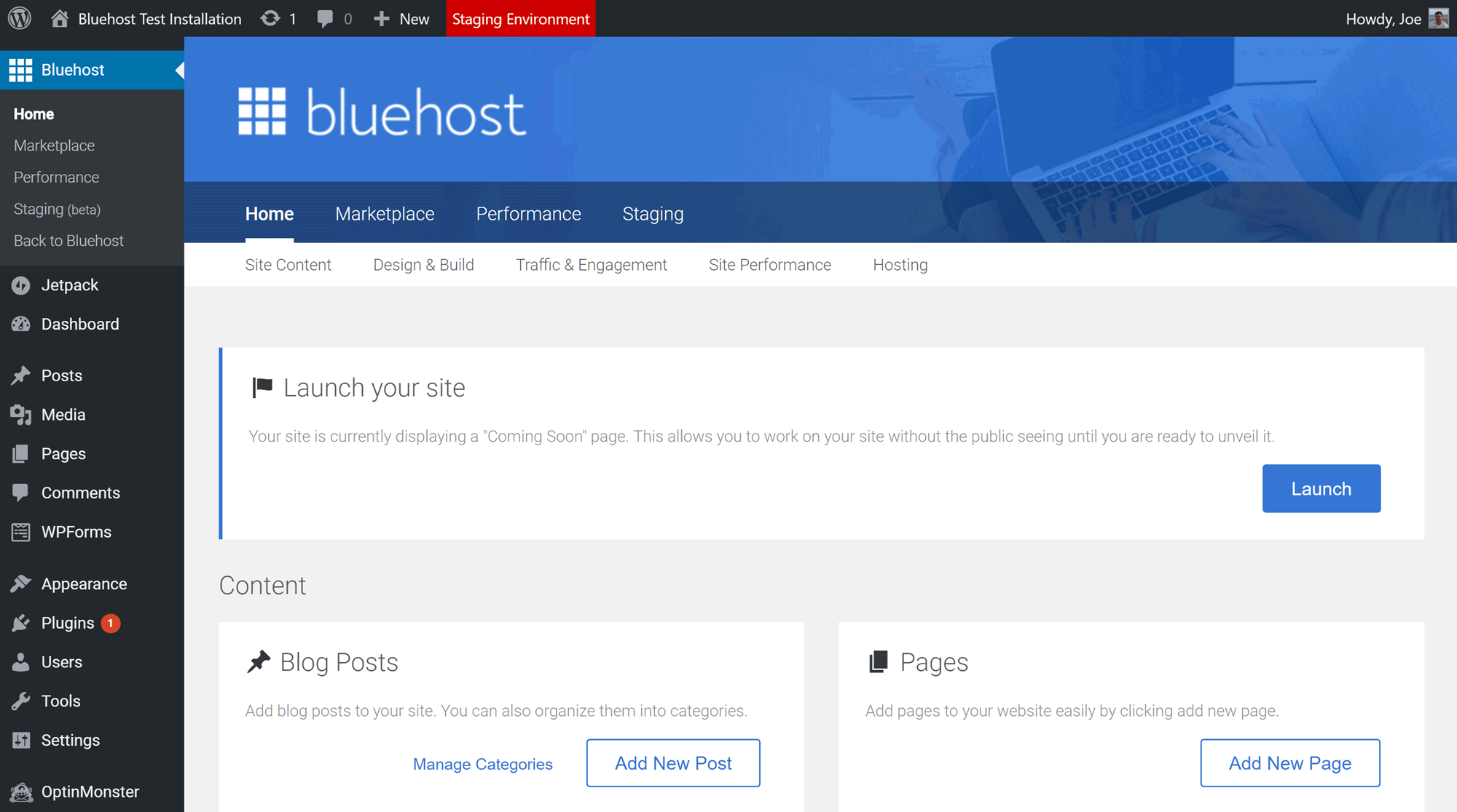 Bluehost WordPress Dashboard