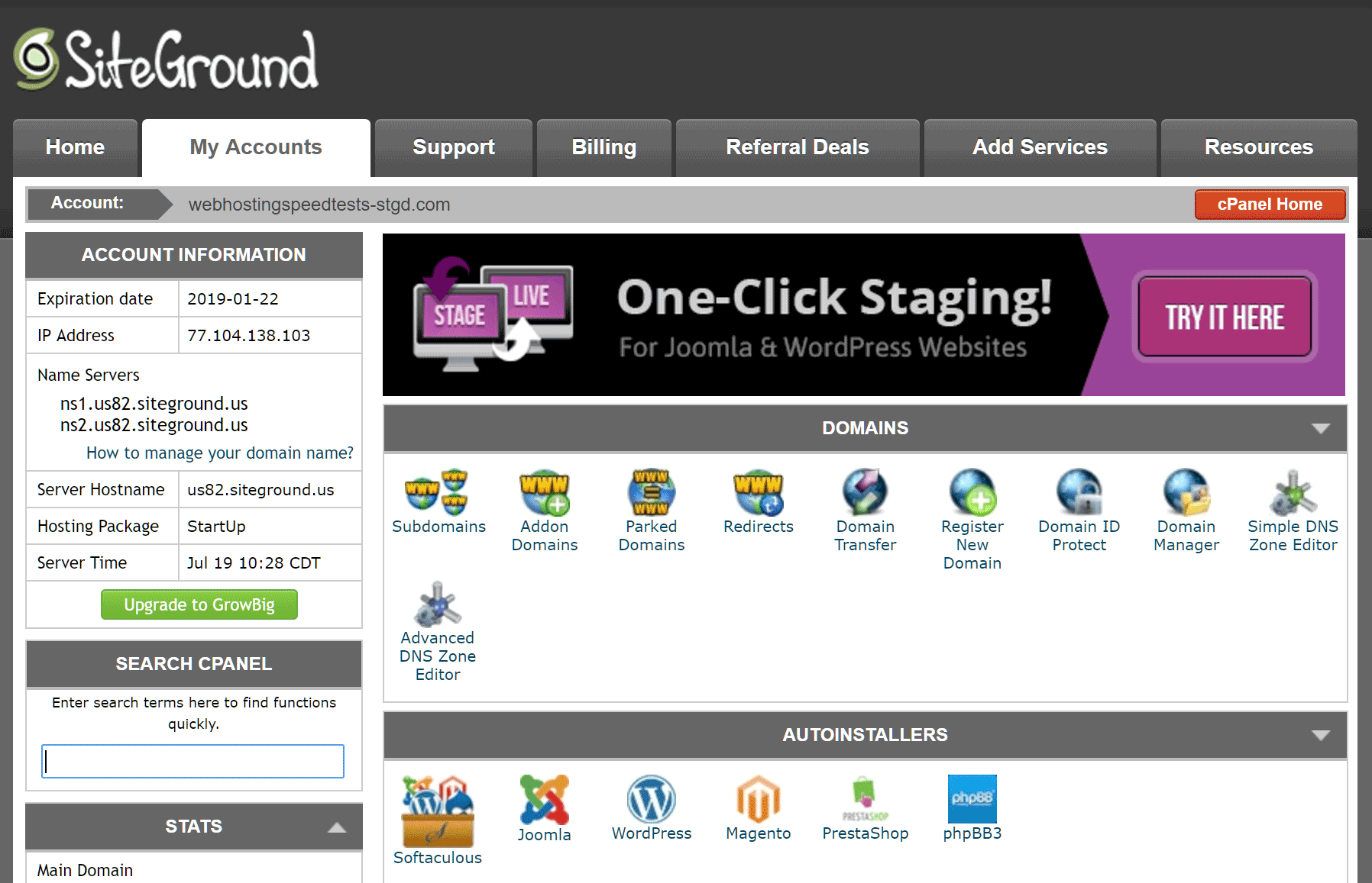 SiteGround Hosting Account cPanel