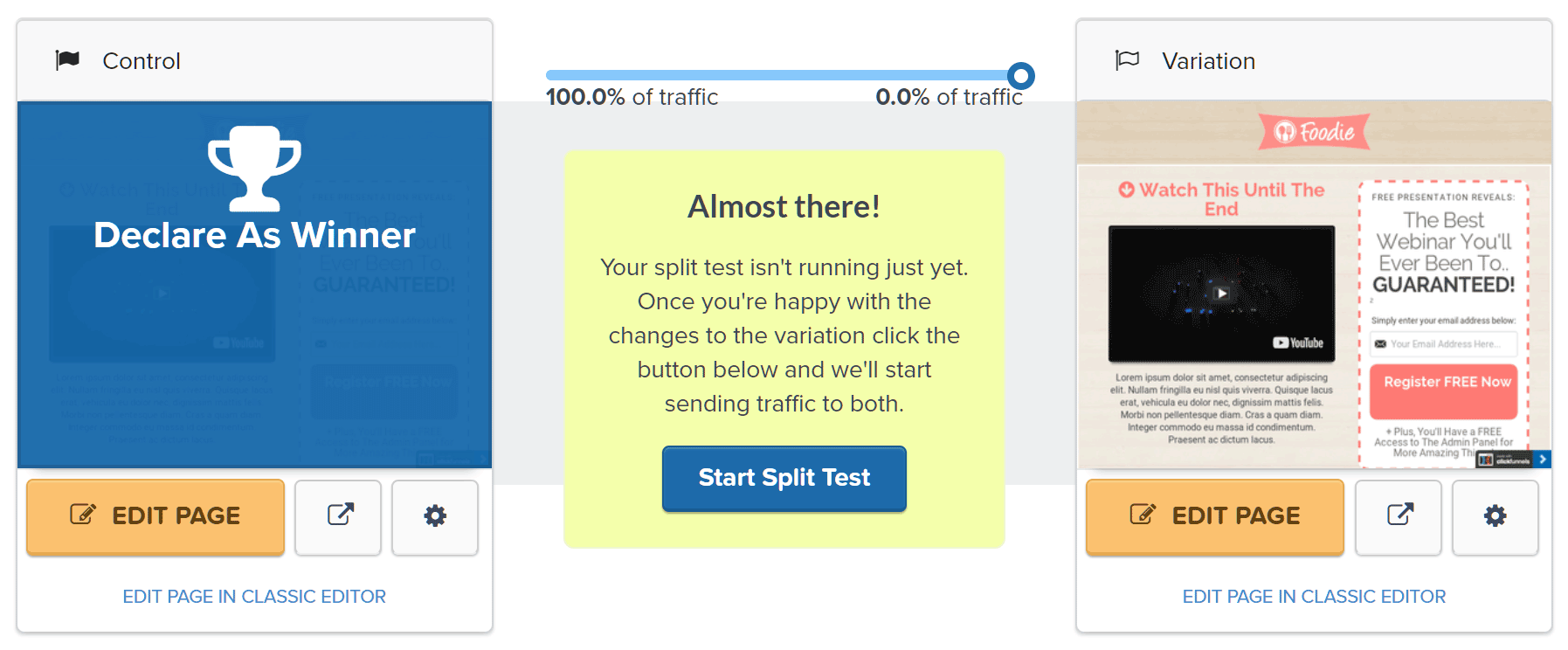 Optimizing pages with the split testing tool