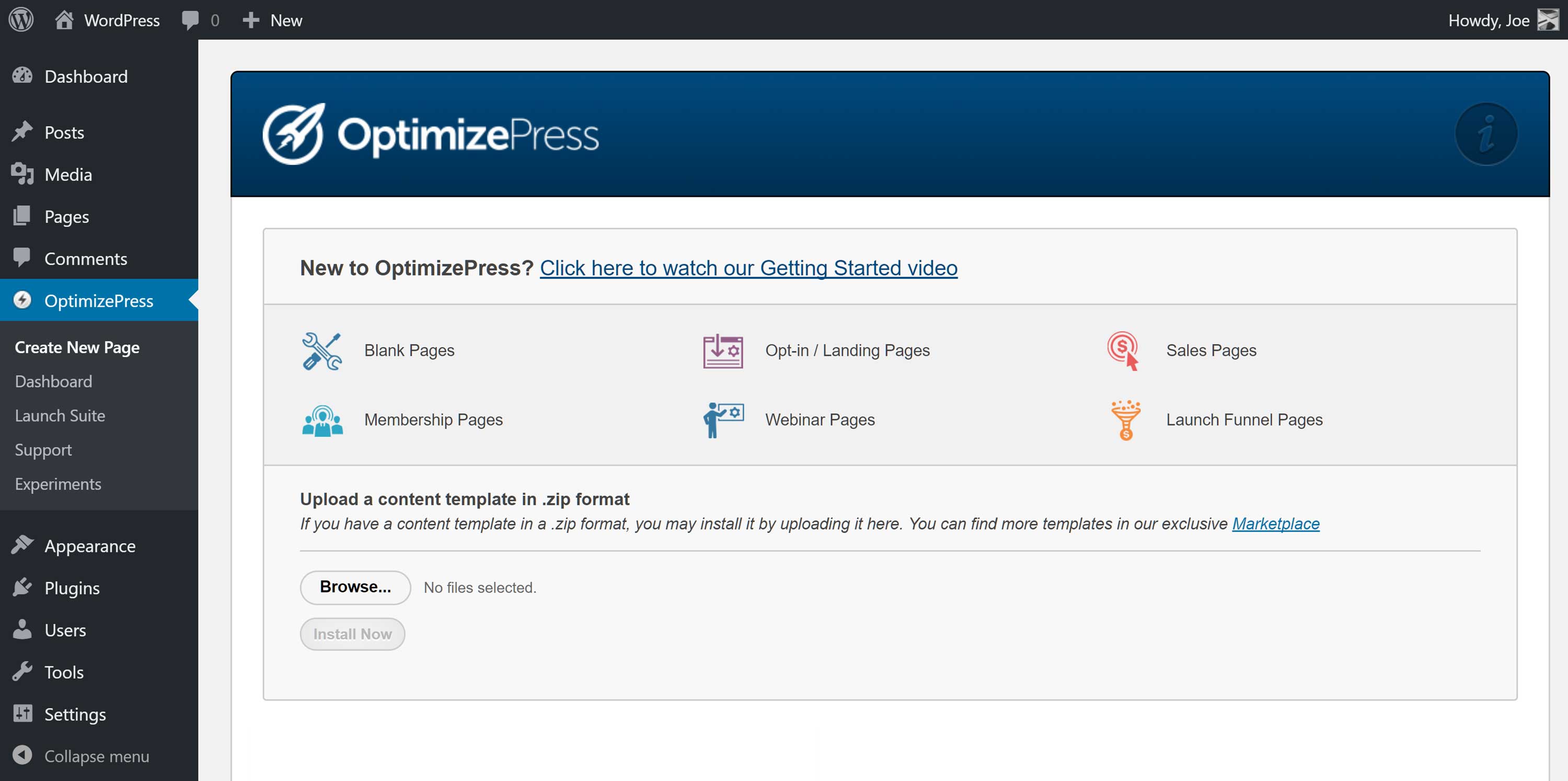 The OptimizePress Plugin Dashboard