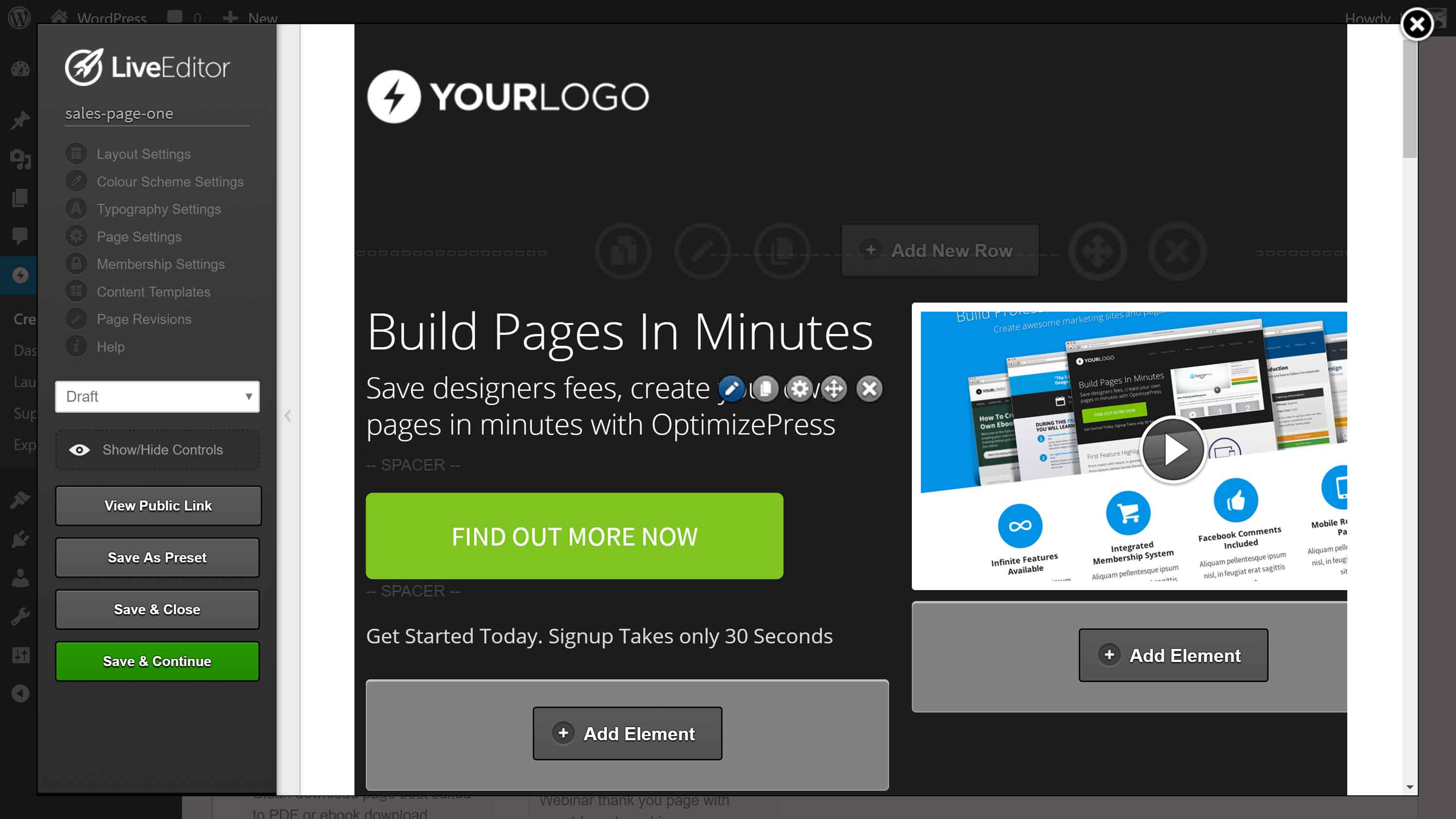 The OptimizePress LiveEditor page builder tool