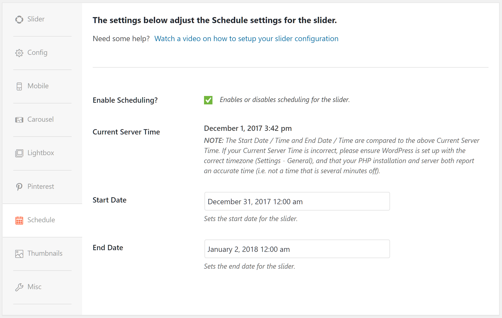 Soliloquy Slider Schedule Settings